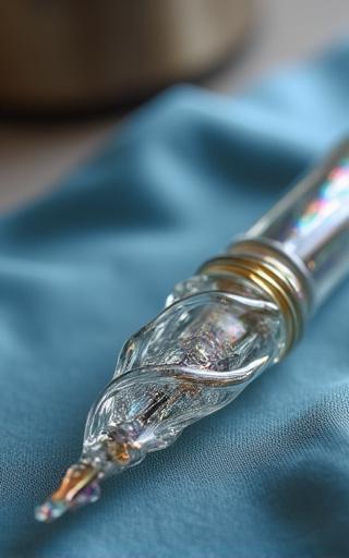 A twisted, iridescent glass dip pen.
